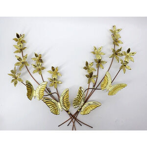 Vintage MCM Wall Hangings Brass Copper Look Butterflies and Flowers Tin Metal